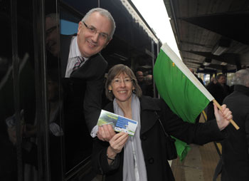 Minister for Regional Development Danny Kennedy MLA and Translink Group Chief Executive Catherine Mason officially re-open the railway line between Derry~Londonderry and Coleraine.